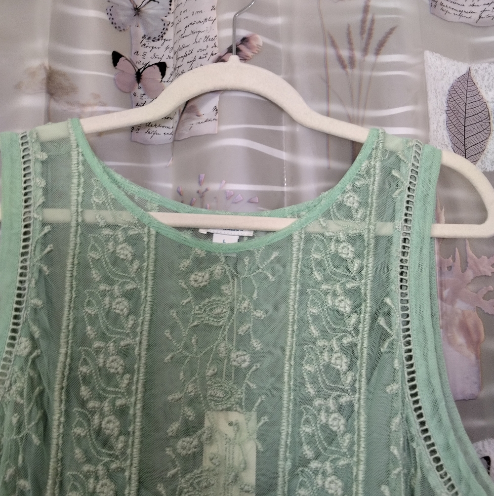 NWTSundance Embroidered Floral Sheer Mint Green Lace Boho Sleeveless Top Lined L - Picture 10 of 15